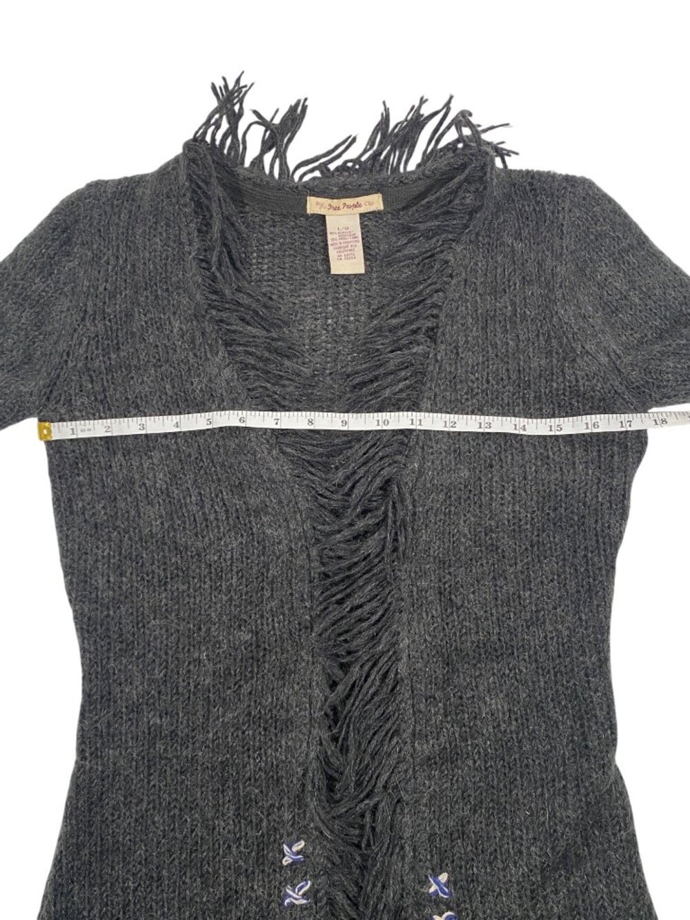 Free People vintage Y2K Fringe Open Cardigan Sweater L Wool Blend Boho Embroider - Picture 8 of 10